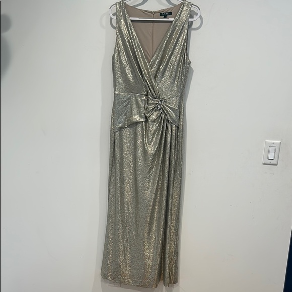 Ralph Lauren gold metallic Silver faux wrap Ruched Maxi gown plus size 14 - Picture 1 of 6